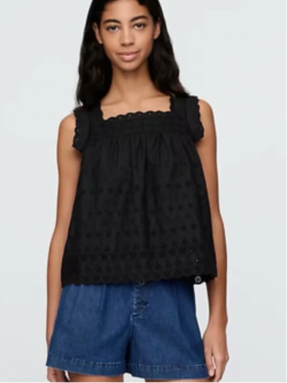 Black Eyelet Square-Neck Tank with Scalloped Straps